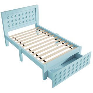 Lit Enfant 90x200 Cm En Bois Massif, Design Bloc Créatif, Rangement Tiroir Et Sous-lit, Bleu
