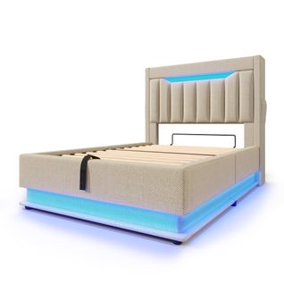 Lit Simple 90x200 Cm Avec LED, Tête De Lit USB/type-c, Rangement Hydraulique, Lin Beige