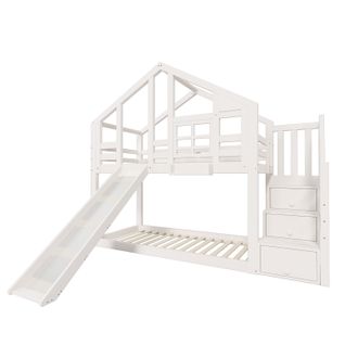 Lit Superposé Cabane Enfant 90x200 Cm Avec Toboggan, Rangements Et Protections, Blanc