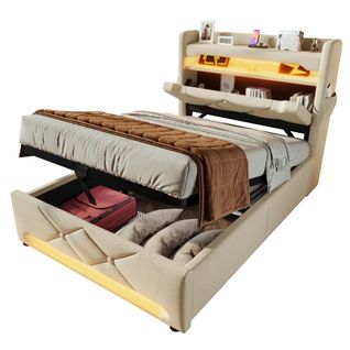 Lit Simple 90x200 Cm Avec LED 360°, Ports USB-c, Tête De Lit Avec Rangement Et Coffre, Beige