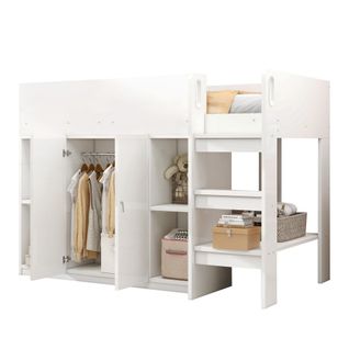 Lit mi-haut 90x200 Cm Avec Rangements, Armoire Et Étagères, En Bois Massif, Blanc