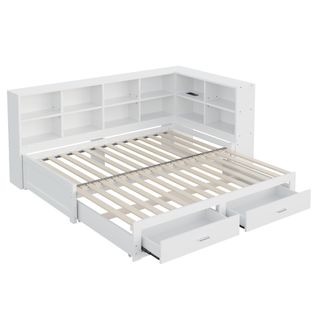 Lit gigogne 90/180x190 Cm En Bois Massif Avec Lit Gigogne, Tiroirs Et Prise – Blanc