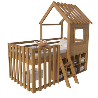 Lit Cabane Enfant 90x200 Cm Avec Toit, Fenêtres, Rangements Ouverts Et Échelle, Bois