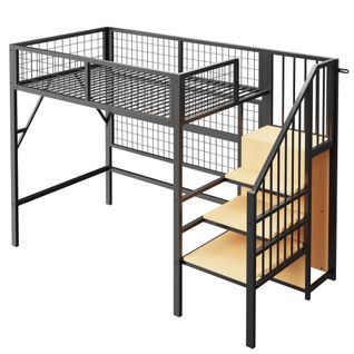 Lit Mezzanine En Métal 90x200 Cm Avec LED, Escalier De Rangement Et Armoire – Noir