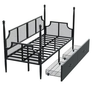 Canapé-lit En Métal 90x200 Cm Avec Dossier Grillagé Et Tiroirs, Style Vintage, Noir