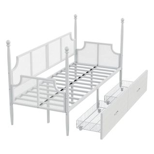 Canapé-lit En Métal 90x200 Cm Avec Dossier Grillagé Et Tiroirs, Style Vintage, Blanc