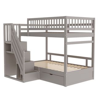 Lit Superposé 90x200 Cm En Bois Massif Avec Tiroirs Et Échelle à Rangement – Gris