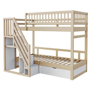 Lit Superposé 90x200 Cm En Bois Massif Avec Tiroirs Et Échelle à Rangement – Bois