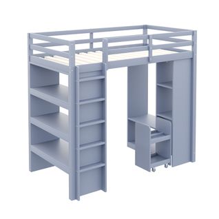 Lit Mezzanine 90x200 Cm Avec Étagères, Penderie Et Chariot De Rangement, Gris
