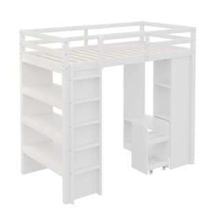 Lit Mezzanine 90x200 Cm Avec Étagères, Penderie Et Chariot De Rangement, Blanc