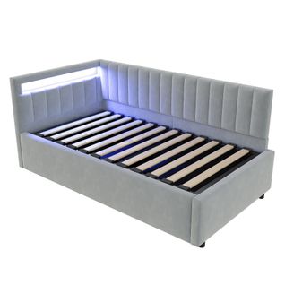 Canapé-lit 90x200 Cm En Velours Gris Clair Avec LED, Rangement Hydraulique Et Sommier