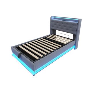 Lit Enfant 90x200 Cm En Lin Gris Avec LED, Rangement Hydraulique Et USB