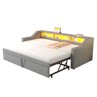 Canapé-lit Extensible 90/180x200 Cm Avec LED, USB Et Rangement Gris Clair