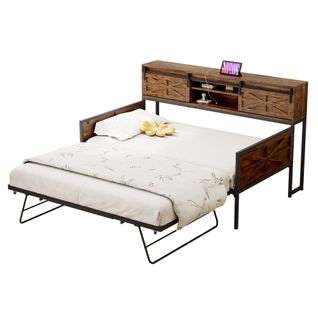 Lit gigogne 90x200 Cm En Métal Noir, Avec Rangements Et Prises, Marron