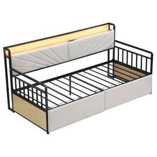 Lit Banquette En Métal 90x200 Cm, Avec LED, Tiroirs Et Prises, Beige