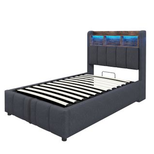 Lit Enfant 90x200 Cm Avec LED, Rangement Hydraulique Et Ports USB, Tissu Gris