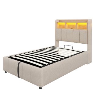 Lit Enfant 90x200 Cm Avec LED, Rangement Hydraulique Et Ports USB, Tissu Beige