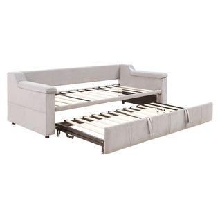 Lit Gigogne 90/180x190 Cm Avec Bluetooth, USB Et Rangements, Tissu Velours Beige