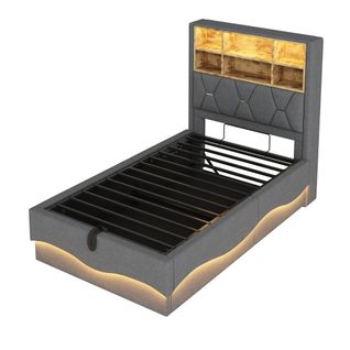 Lit Enfant 90x200 Cm Avec Rangement Hydraulique, LED Rgb Contrôlable, USB, Tissu Lin Gris