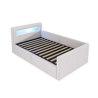 Lit Enfant 90x200 Cm Avec LED, Port USB, Rangement Hydraulique Et Étagère, Tissu Velours Beige