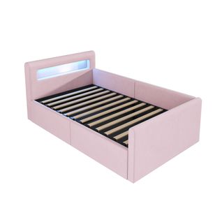 Lit Enfant 90x200 Cm Avec LED, Port USB, Rangement Hydraulique Et Étagère, Tissu Velours Rose