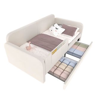 Lit D'enfant Rembourré 90x200 Cm Avec Tiroirs, Poches De Rangement Et Sommier En Métal, Blanc