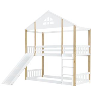 Lit Superposé Maison Avec Toboggan, Escalier 3 Marches, Bois Massif Blanc/naturel 90x200 Cm