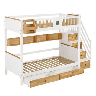 Lit Superposé Enfant 90x200 Cm Avec Échelle Rangement, 2 Tiroirs – Blanc Et Bois