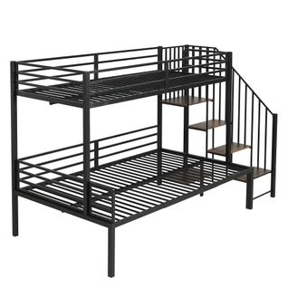 Lit Superposé Métal 90x200 Et 120x200 Cm Avec Escalier-rangement Intégré Noir Et Bois Vintage