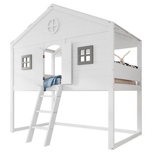 Lit Mezzanine Enfant 90x200 Cm Avec Escaliers, Fenêtres Grises Et Espace Libre