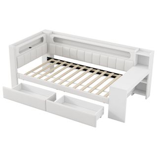 Lit Banquette 90x200 Cm Blanc Avec LED, USB, Bureau Et 2 Tiroirs