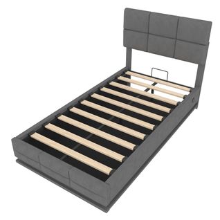 Lit Enfant En Velours 90x200 Cm Avec Tête Réglable, LED, USB Et Rangement, Gris Foncé