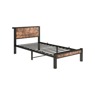 Lit Simple Métallique 90x200 Cm Avec Tête De Lit Rangement, Design Vintage Brun