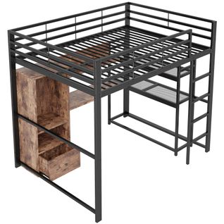 Lit Mezzanine 140x200 Cm Métal Avec LED, Bureau, Tiroir Et Étagères, Noir