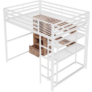 Lit Mezzanine 140x200 Cm Métal Avec LED, Bureau, Tiroir Et Étagères, Blanc