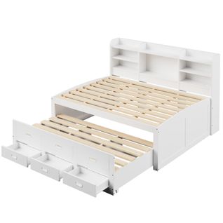 Lit gigogne 140x200 Cm Avec Tiroirs, LED Télécommandée, USB Et Type-c, Blanc