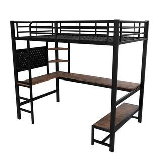 Lit Mezzanine 90x200 Cm En Métal Avec Bureau, LED, Rangements Et Prise USB Type-c, Noir