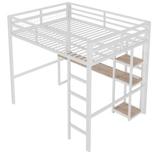 Lit Mezzanine 140x200 Cm Métal Avec Bureau, Rangements Et Prises USB Type-c, Blanc