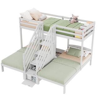 Lit Superposé Triple 90x200 Cm En Pin Avec Rangement, Échelle Et Barrières, Blanc