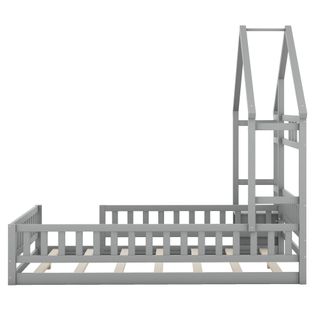 Lit Enfant Maison 140x190 Cm Avec Barrières Et Table De Chevet, Gris