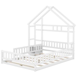 Lit Enfant Maison 140x190 Cm Avec Barrières Et Table De Chevet, Blanc