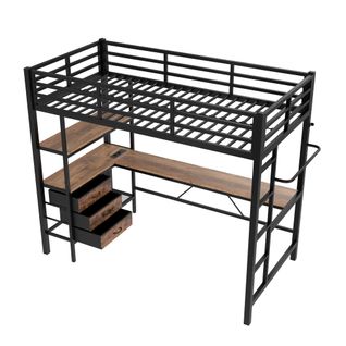 Lit Mezzanine 90x200 Cm Avec LED, Bureau, Rangement Et Prises, Noir