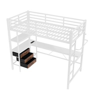 Lit Mezzanine 90x200 Cm Avec LED, Bureau, Rangement Et Prises, Blanc