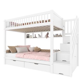 Lit Superposé 90x200 Cm Avec Armoire, Tiroirs Et Étagères, Blanc