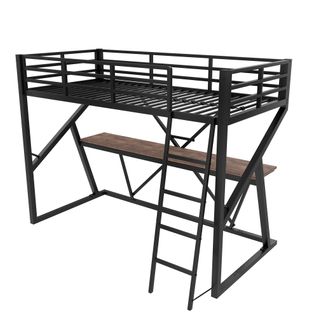 Lit Mezzanine 90x200 Cm Noir Avec Bureau, LED Et Échelle, Structure Métal