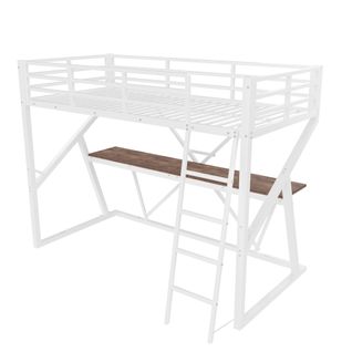 Lit Mezzanine 90x200 Cm Blanc Avec Bureau, LED Et Échelle, Structure Métal