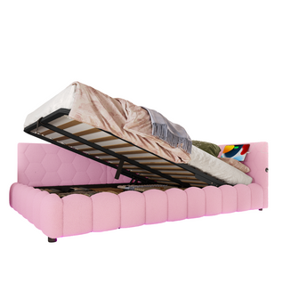 Lit D'appoint 140x200 Cm En Velours Avec LED Multicolore, Rangement Hydraulique, Rose