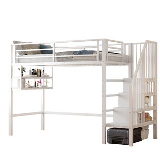 Lit Mezzanine 90x200 Cm Blanc Avec Rangements Intégrés, Étagères Et Espace Libre Dessous