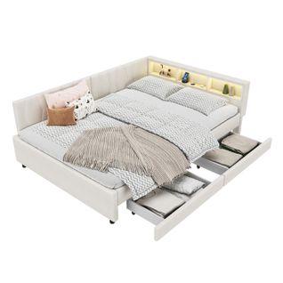 Lit Banquette 140x200 Cm Avec Tiroirs, LED, Ports USB-c Et Rangements, Beige