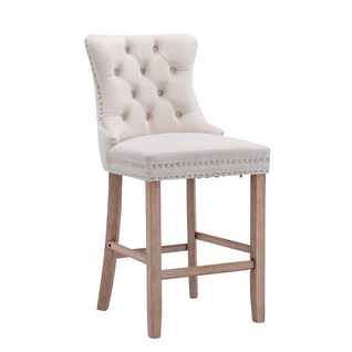 Lot De 2 Tabourets De Bar En Velours Beige Avec Dossier Haut, Pieds Bois Et Clous Décoratifs